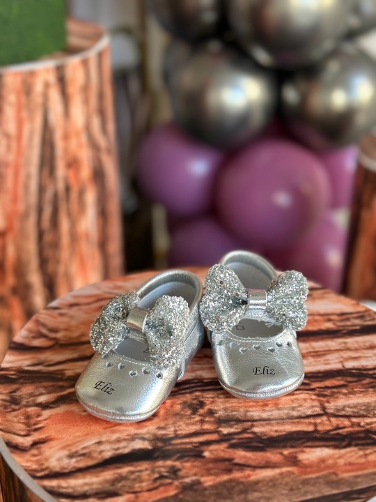 Hakiki Deri Gümüş Shine İsimli Bebek Ayakkabısı