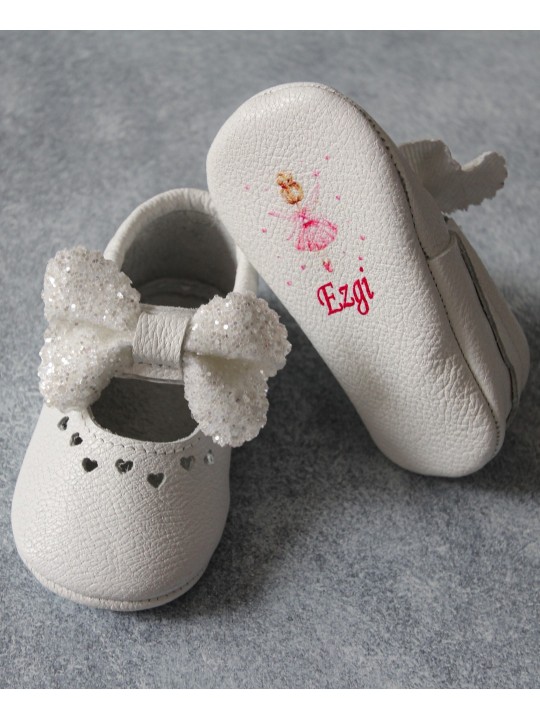 Hakiki Deri Beyaz Shine İsimli Bebek Ayakkabısı