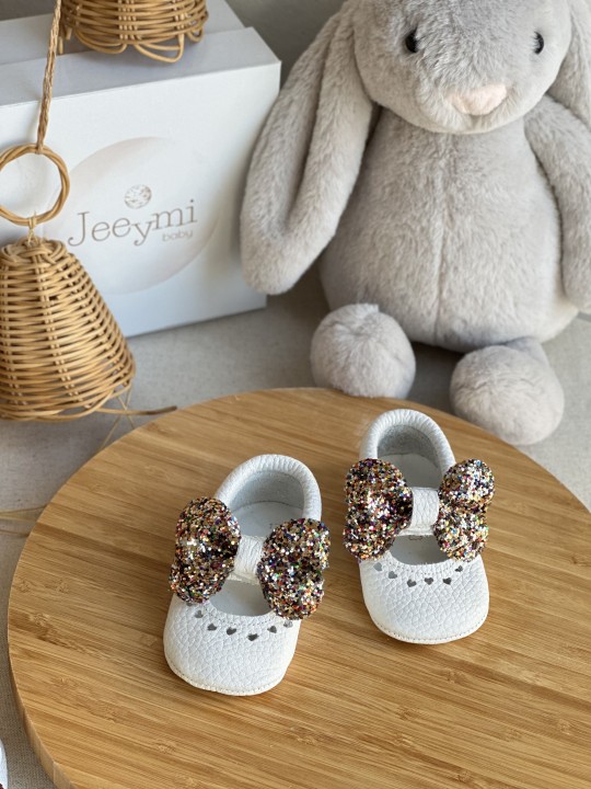 Renkli Taşlı Beyaz Shine İsimli Bebek Ayakkabısı