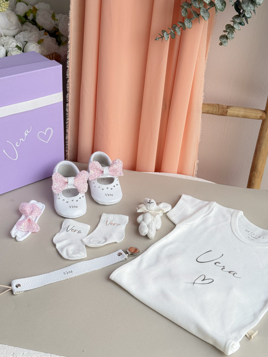 Lila Taşlı Beyaz Shine Zıbınlı Bebek Hediye Seti